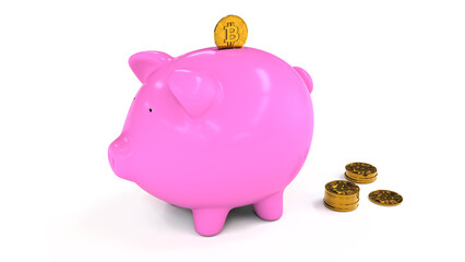 Coin entering a pink pig piggy bank on white isolated background