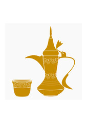 Editable Side View Traditional Arabic Coffee with Dallah Pot and Finjan Demitasse Cup Vector Illustration in Flat Monochrome Style for Cafe Related Design or Arab History and Tradition Culture