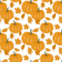 Vector seamless pattern with pumpkins and leaves. Halloween. Hand drawn illustration. The print is used for Wallpaper design, fabric, textile, packaging. Autumn time. Harvest.