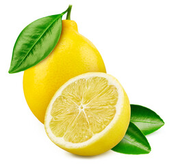 One lemon and a half lemon fruits isolated on white background. Isolated cut lemons. Lemon with clipping path