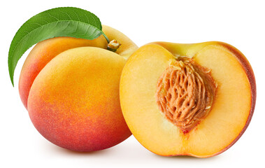 Peach fruit with leaf isolate. Peach whole, half, leaves on white. Peach clipping path.