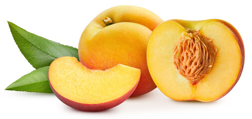 Juicy peach isolated on the white background. Fresh peach and leaf. Clipping path peach. Peach macro studio photo
