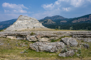 Soda Butte, travertine cone in a sunny landscape, Yellowstone National Park, USA
