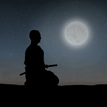 Japanese Swordsman Sitting In Meditation Under The Moonlight