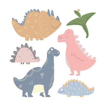 set of 6 images of  dinosaur. Stylized cartoon characters. Template for labels, badges. Children's prints for t-shirts. Vector illustration, hand-drawn