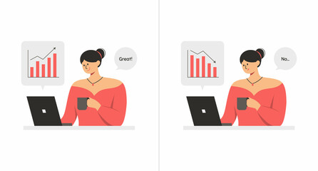 Business woman using laptop to check the company performance chart in flat design