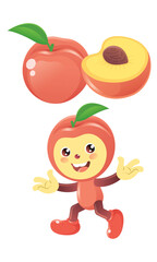 Peach vector with sliced and cute fruit character
