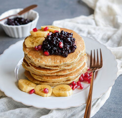 Healthy homemade meals. Banana Pancake with Pomegranate, Wild Blueberry Jam & Wild Honey. Ripen mashed banana, eggs, low fat milk, honey & blueberry jam.