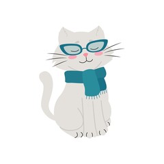 White cat with glasses and scarf around his neck, funny pets, vector illustration. Isolated.