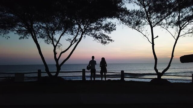 Silhouette Couple Man and Woman Influencers Recording with Mobile Phone at Beach on Holiday Vacation Travel with Big Tree and Orange Background and Sunset Orange Color making Vlog