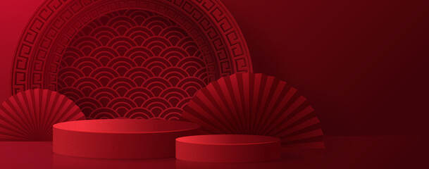 3d Podium round, square box stage podium and paper art Chinese new year,Chinese Festivals, Mid Autumn Festival, red paper cut, fan, flower and asian elements with craft style on background.