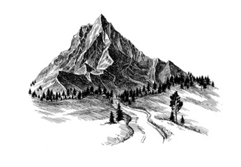 Mountain with pine trees and landscape black on white background. Hand drawn rocky peaks in sketch style. Handcrafted illustration mountain peak, hill top, nature landscape. Outdoor travel, tourism. 