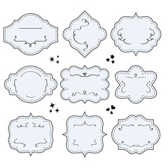 Obraz premium Blank black outline vintage and modern different shapes banners and message boards with dashed borders design elements set on white background
