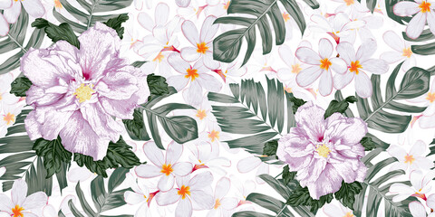 Seamless pattern floral with hibiscus and frangipani flowers abstract background.Vector illustration hand drawn.For fabric fashion print design or product packaging. © NOPPHACHAI