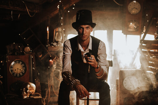 man in a steampunk suit with a hat a top hat and a cane