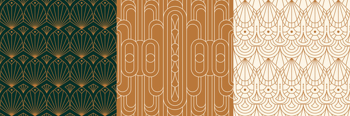 Art Deco Seamless Patterns Set in a Trendy minimal Linear Style. Vector Abstract Retro backgrounds with Geometric Shapes