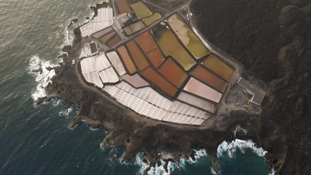 Stunning overhead view of saltworks at Salinas de los Fuencaliente, La Palma, Spain;