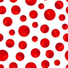 Abstract fashion grunge polka dots background. White seamless pattern with red textured circles. Template design for invitation, poster, card, flyer, banner, textile, fabric. Halftone card. - obrazy, fototapety, plakaty