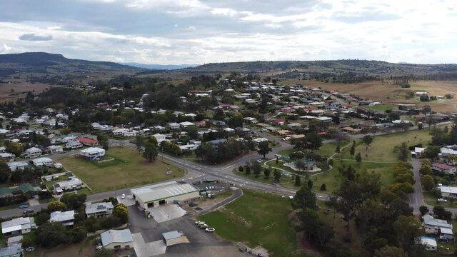 Drone flying over a typical Australian country town and an intersection below