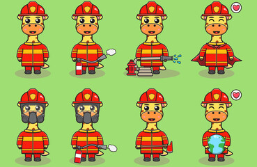 Vector illustration of Giraffe firefighters set. Fire fighter profession with flat design style. Good for icon, label, sticker, clipart.