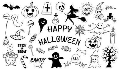 Happy Halloween set of elements in doodle style. Hand drawn illustration.