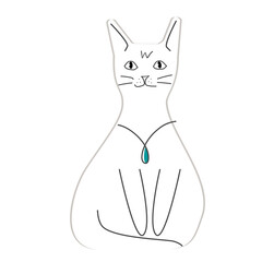 A porcelain figurine of a white cat with an emerald pendant. Cute vector illustration