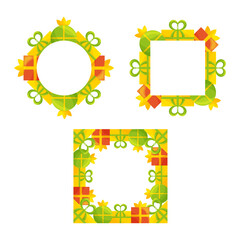 Set of frames with gift boxes on white.