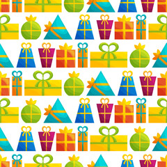 Seamless pattern with flat gift boxes on white.