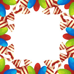 Frame with flat candies on white.