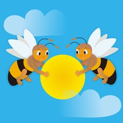 Two bees and sun, conceptual vector illustration, write your own text