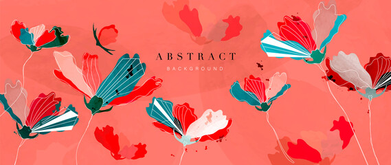 Flower watercolor art background vector. Wallpaper design with floral paint brush line art. leaves and flowers nature design for cover, wall art, invitation, fabric, poster, canvas print.