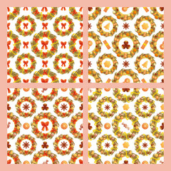 Set of seamless patterns with Christmas wreaths on white.
