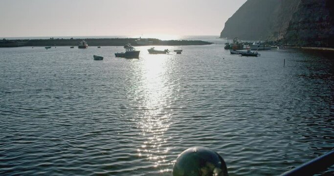 North York Moors, Staithes Clip 3, Diagonal Pan of Harbour morning sun, North Yorkshire Heritage Coast, Video, , 4096x2160 25fps, Prores 422