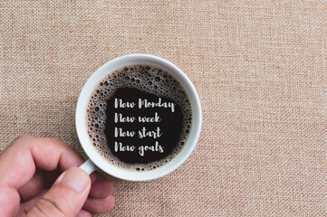 Hand holding a cup of coffee with text NEW MONDAY, NEW WEEK, NEW START and NEW GOALS