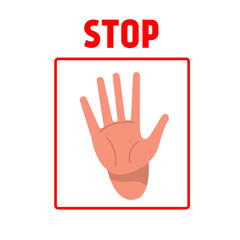 Fototapeta premium Red octagon STOP road sign with big white hand icon inside.