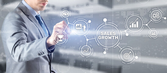 Sales Growth Man clicks inscription on virtual 3D screen