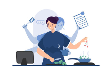 Cooking illustration with multitasking concept