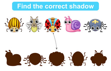Find correct shadow. Kids educational game. Set of Insects to find the correct shadow. Simple gaming level for preschool kids