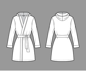 Hooded Bathrobe Dressing gown technical fashion illustration with wrap opening, mini length, oversized, tie, long sleeves. Flat garment front, back, white color style. Women, men, unisex CAD mockup