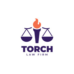 Torch law firm logo template. Combined the scales of justice and torch icon concept. Vector illustration