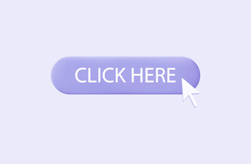 Click here icon 3d. A selection button to join or go to the site. Cursor, arrow for registration. Pointer to click, press, or send a request. The action is to touch, apply, further, learn more. Vector