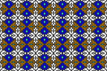 Beautiful seamless ethnic tribal retro fabric pattern with brown blue and white flowers, for printing retro fashion fabrics and printed products and photo prints for beautiful backgrounds.