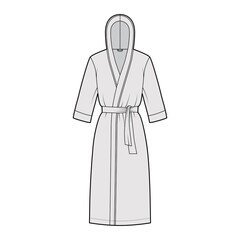 Bathrobes hooded Dressing gown technical fashion illustration with wrap opening, knee length, oversized, tie, elbow sleeves. Flat garment apparel front, grey color. Women, men, unisex CAD mockup