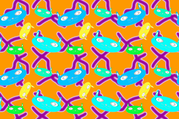 Colorful cat face pattern with seamless cross lines on orange background, for fabric pattern, printed products and cute pattern wallpaper.