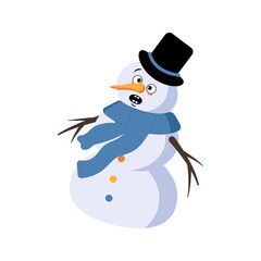 Cute Christmas snowman with emotions in a panic grabs his head, surprised face, shocked eyes, arms and legs. Joyful New Year festive decoration with scared expression