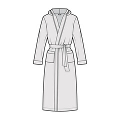 Bathrobes hooded Dressing gown technical fashion illustration with wrap opening, knee length, oversized, tie, pocket, long sleeves. Flat apparel front, back grey color. Women, men, unisex CAD mockup