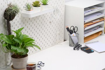 Home office desk with houseplant and supplies on white table.