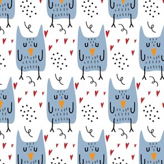 Children's hand-drawn seamless pattern with an owl. Pattern with an owl and hearts. Pattern for cards, posters, prints, fabrics.