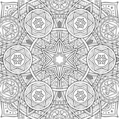 Square tile style boho, zentangle, doodle. Black pattern on white background. Floral pattern. Abstract icon snowflake. Geometric art poster. Old wallpaper. Geometric frame. Minimal retro style. Vector