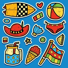 summer doodle cartoon sticker vector design